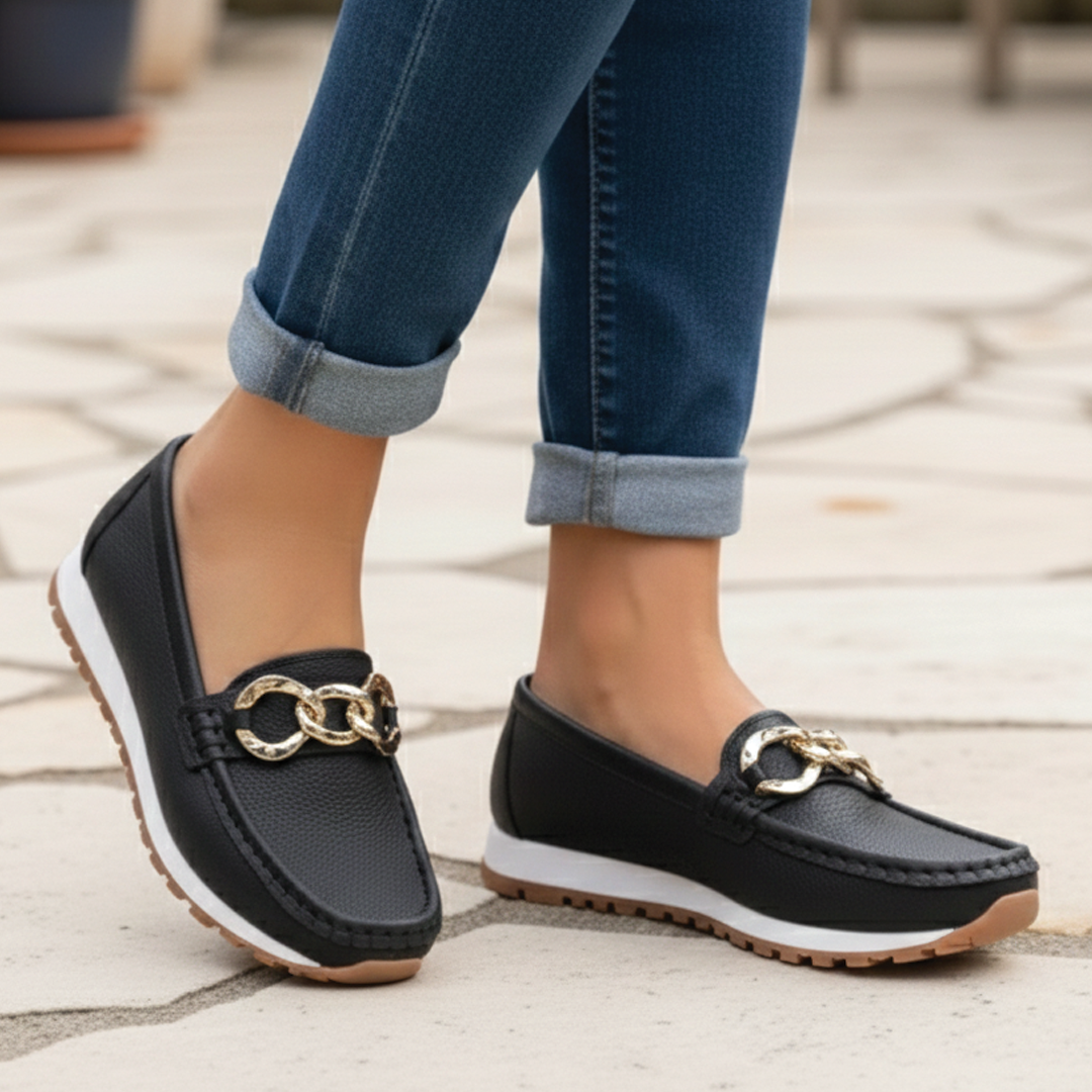 Women’s Flat Buckle Loafers with Chain Detail