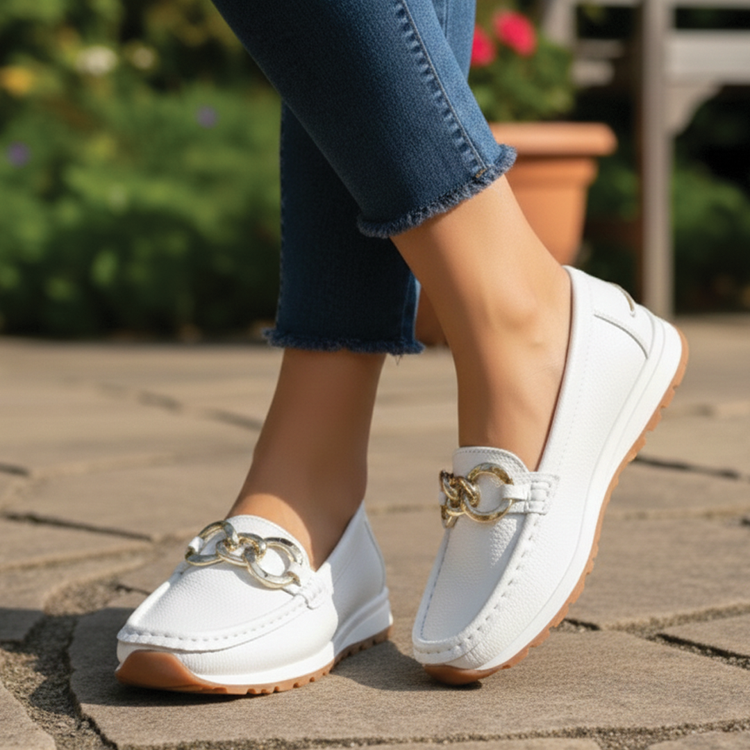 Women’s Flat Buckle Loafers with Chain Detail