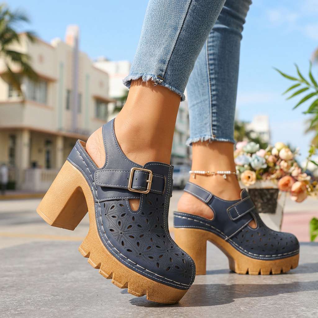Women's Platform Heels Cutout Floral Perforated Block Heel Slingback