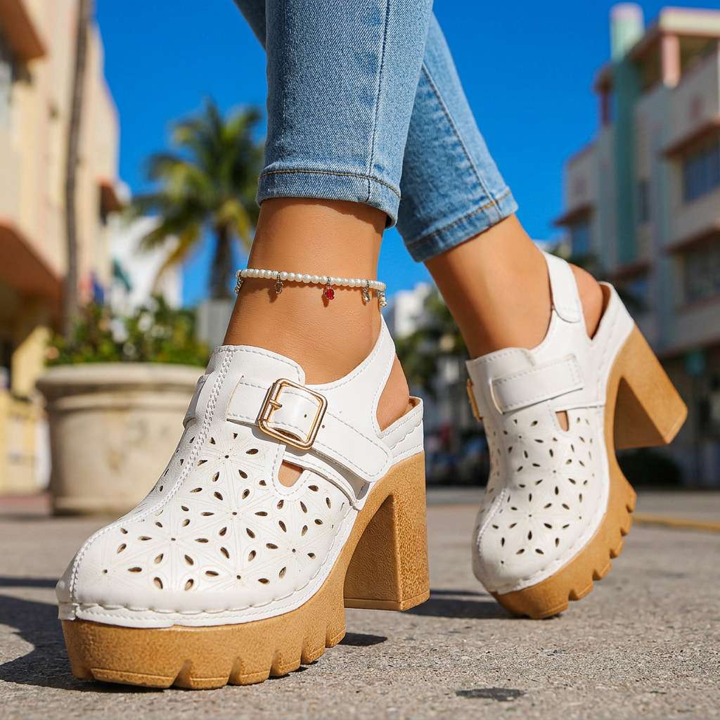 Women's Platform Heels Cutout Floral Perforated Block Heel Slingback