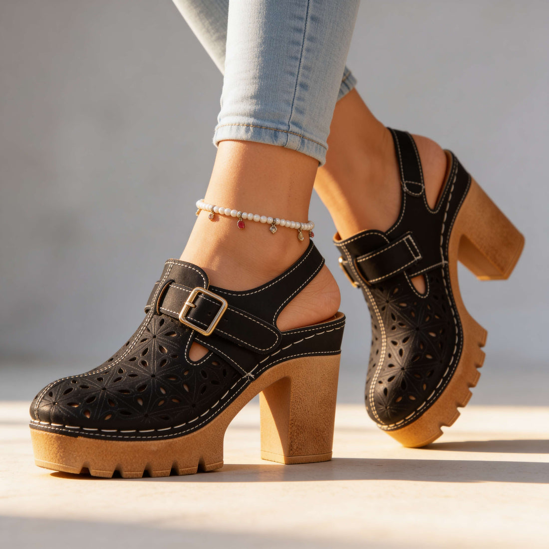 Women's Platform Heels Cutout Floral Perforated Block Heel Slingback