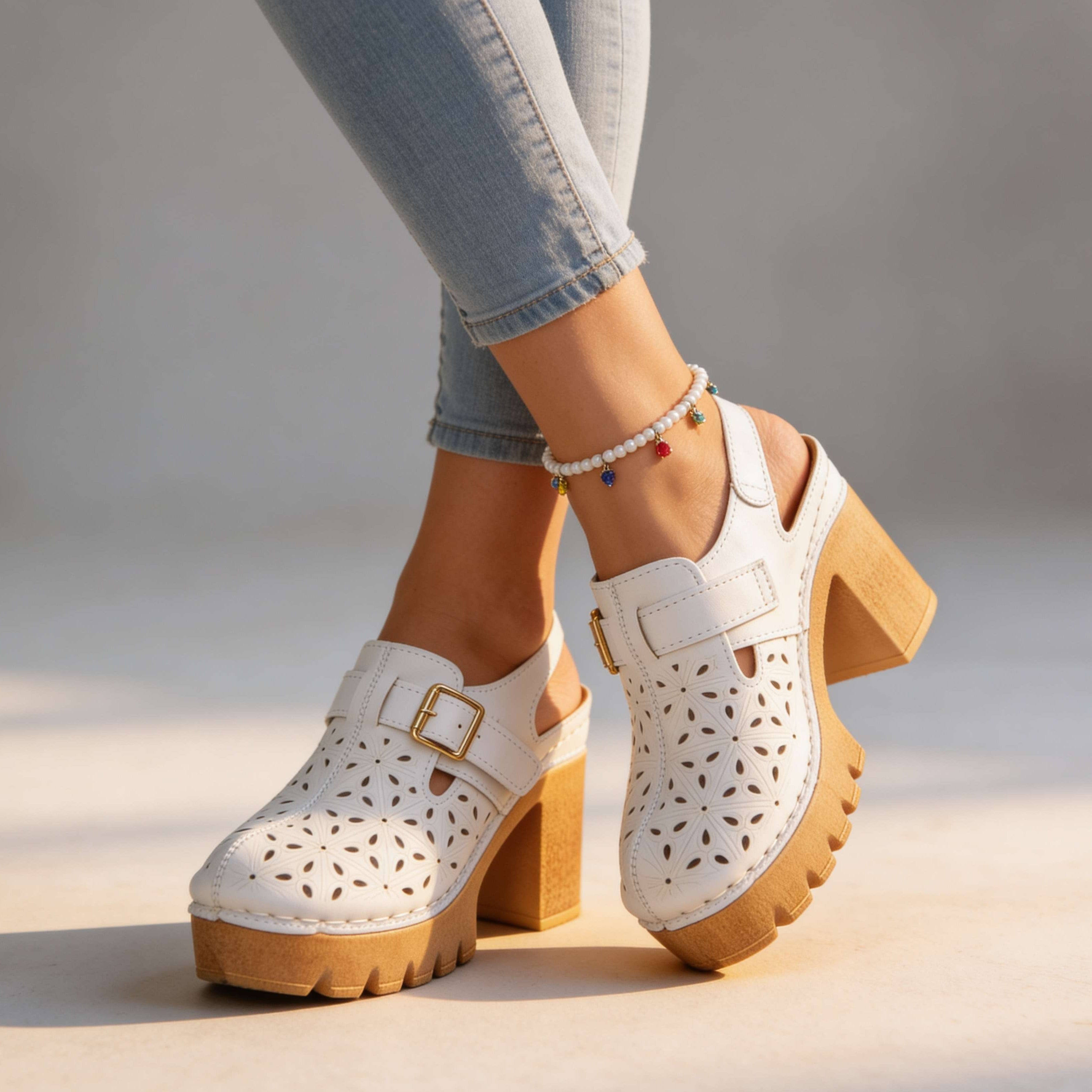 Women's Platform Heels Cutout Floral Perforated Block Heel Slingback