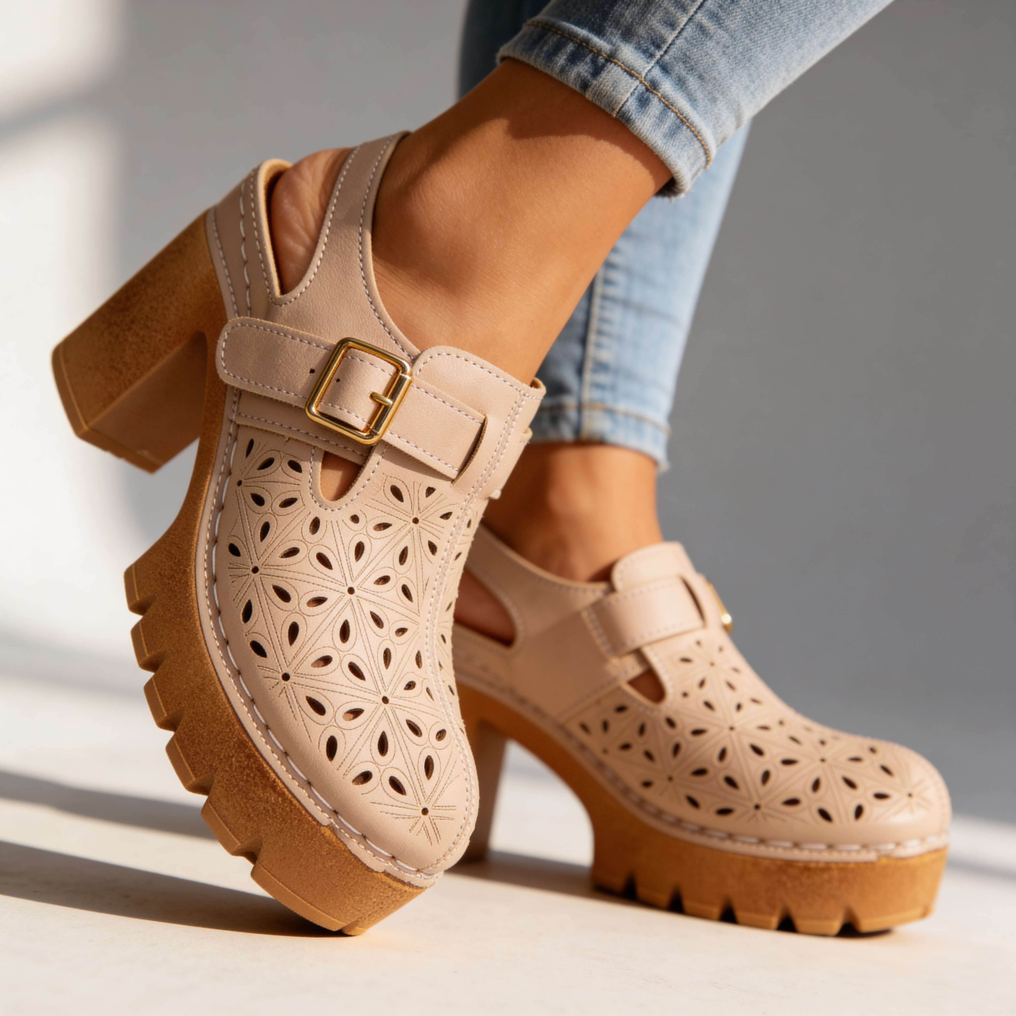 Women's Platform Heels Cutout Floral Perforated Block Heel Slingback