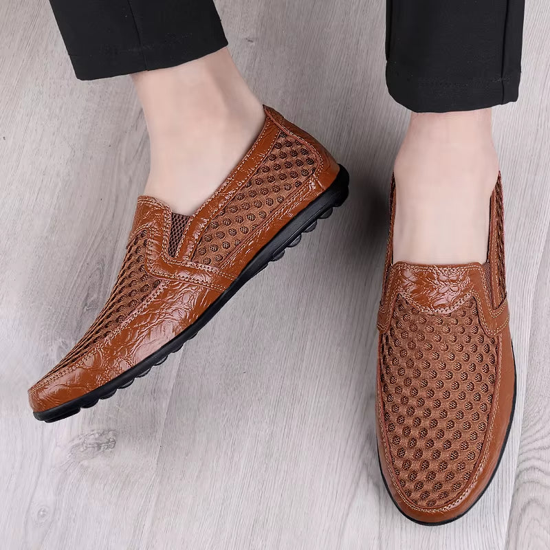 Men’s Round Toe Mesh Faux Leather Loafers with Breathable Perforated Upper