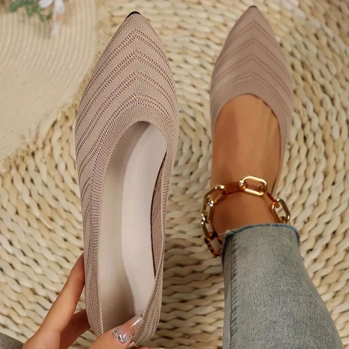 Women’s Pointed Toe Slip-On Knit Flats – Textured Minimal Design