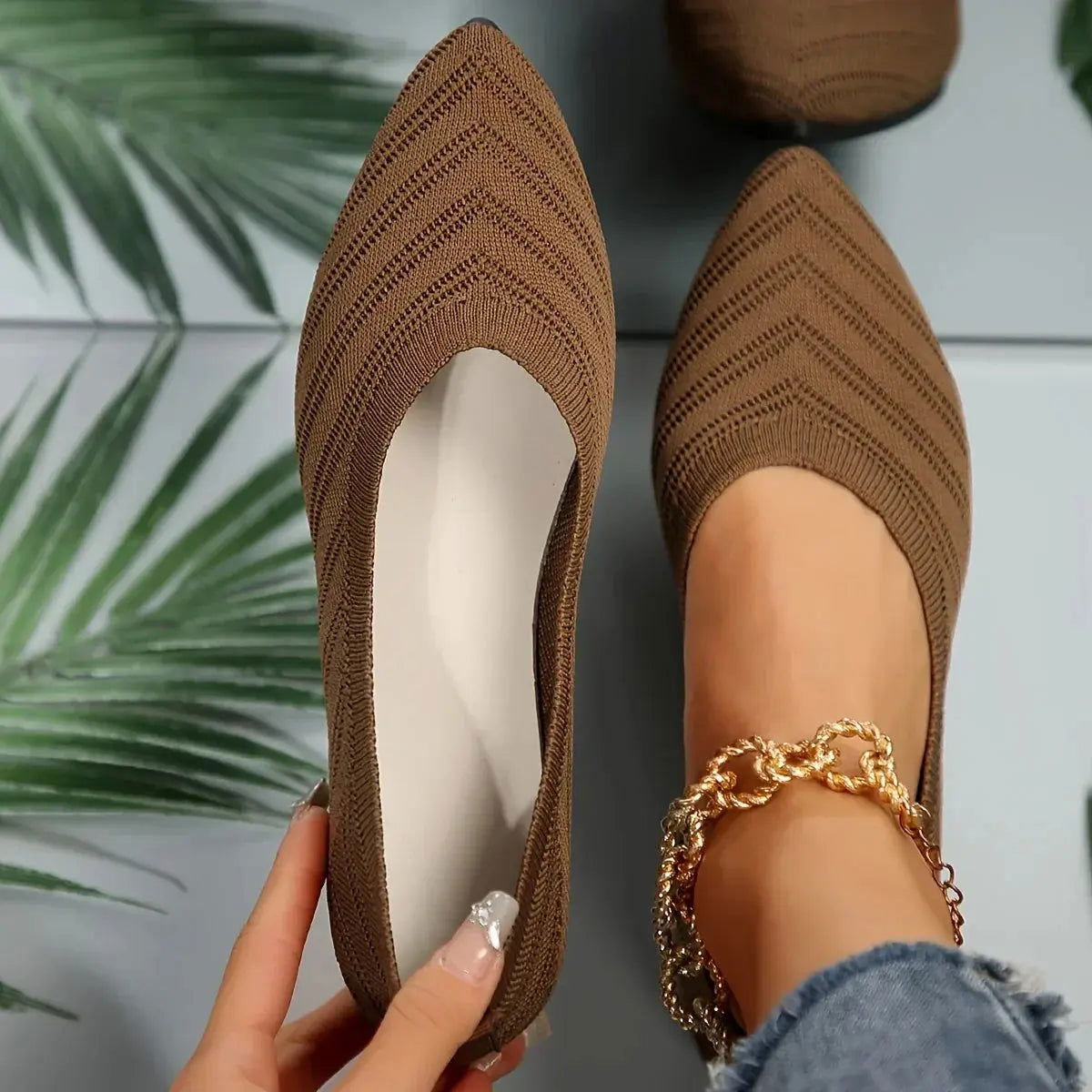 Women’s Pointed Toe Slip-On Knit Flats – Textured Minimal Design