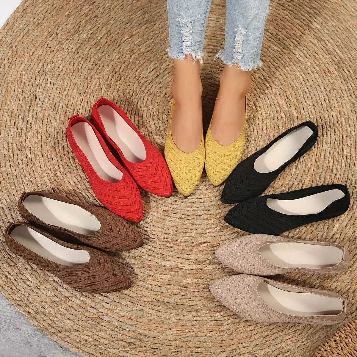 Women’s Pointed Toe Slip-On Knit Flats – Textured Minimal Design