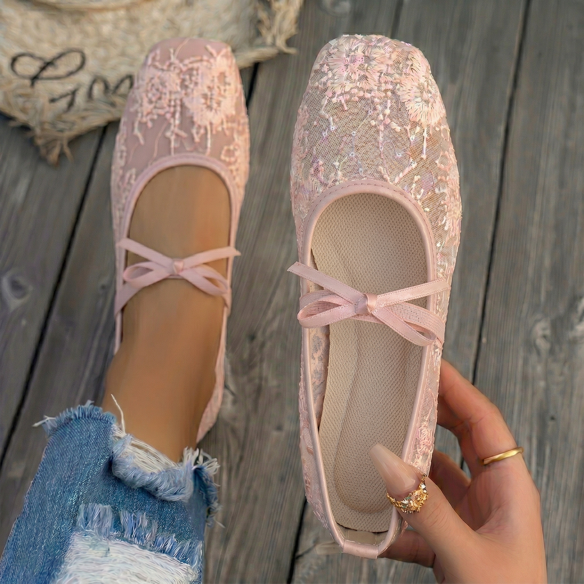 Women’s Mesh Mary Jane Flats - Sheer Panel Design - Bow Detail - Flat Sole