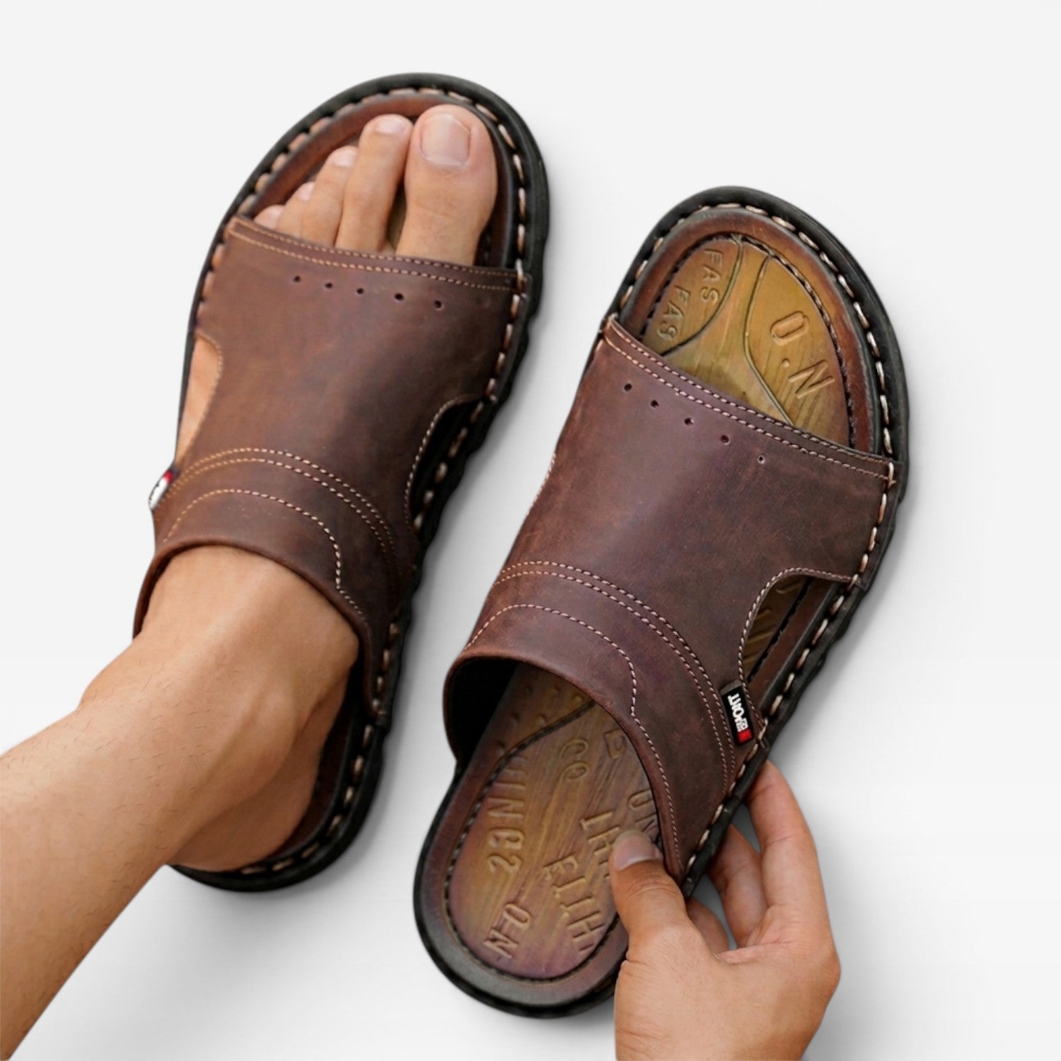 Men's Slide Sandals Leather Open Toe Slip-On Flat Sole