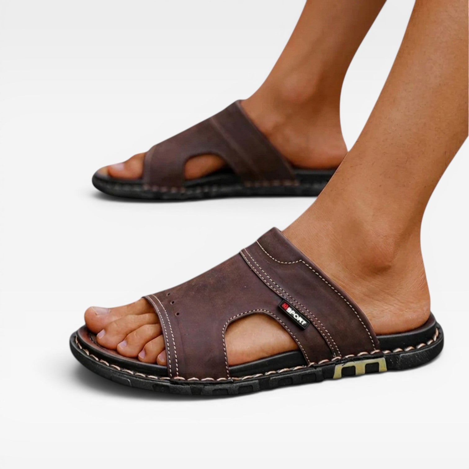Men's Slide Sandals Leather Open Toe Slip-On Flat Sole