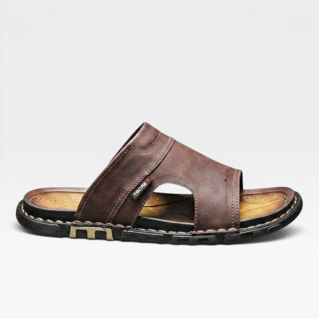 Men's Slide Sandals Leather Open Toe Slip-On Flat Sole