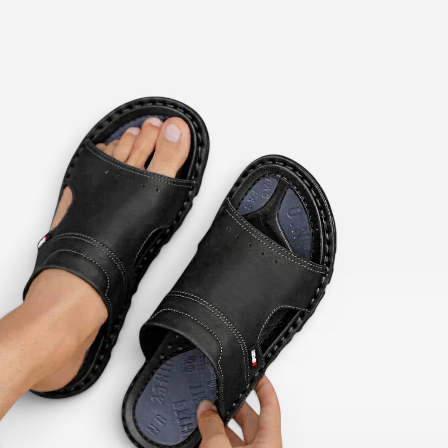 Men's Slide Sandals Leather Open Toe Slip-On Flat Sole