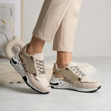 Women's Chunky Sneakers - Low Top Lace-Up - Glitter and Metallic Panel Upper - Spotted Print Platform Sole