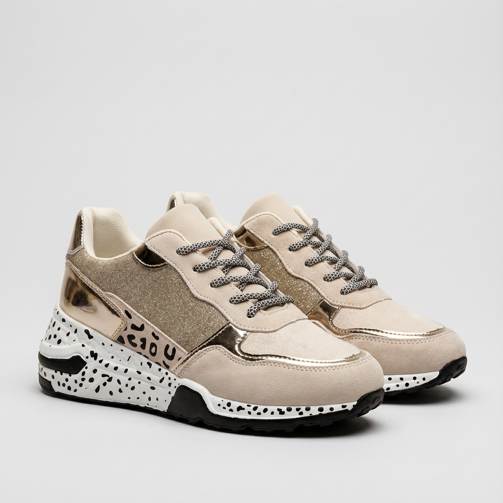 Women's Chunky Sneakers - Low Top Lace-Up - Glitter and Metallic Panel Upper - Spotted Print Platform Sole