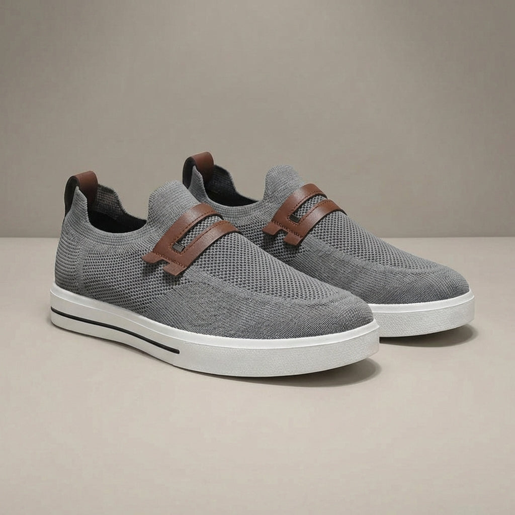 Men’s Round Toe Slip-On Faux Leather Knit Sneakers with Strap Detail