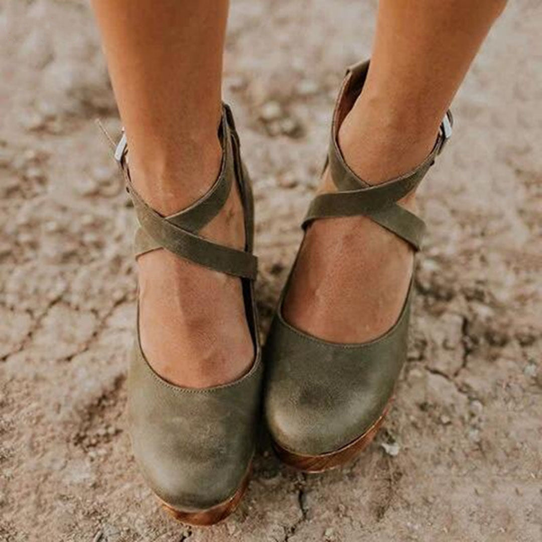 Women's Mary Jane Cross-Ankle Strap Platform Block Heels - Round Toe