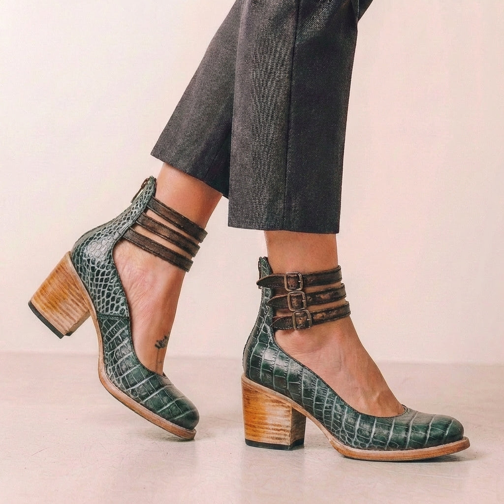Women’s Rounded Toe Block Heel Pumps with Buckled Ankle Straps and Cut-Out Sides
