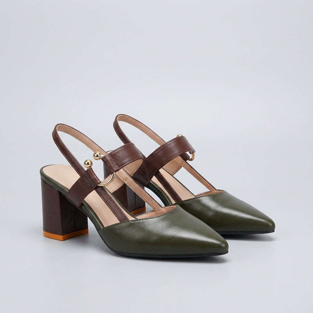Women’s Pointed Toe Slingback Heeled Shoes with Block Heel and Strap Detail