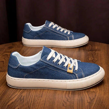 Men's Denim Low-Top Lace-Up Rounded Toe Sneakers with Contrast Stitching