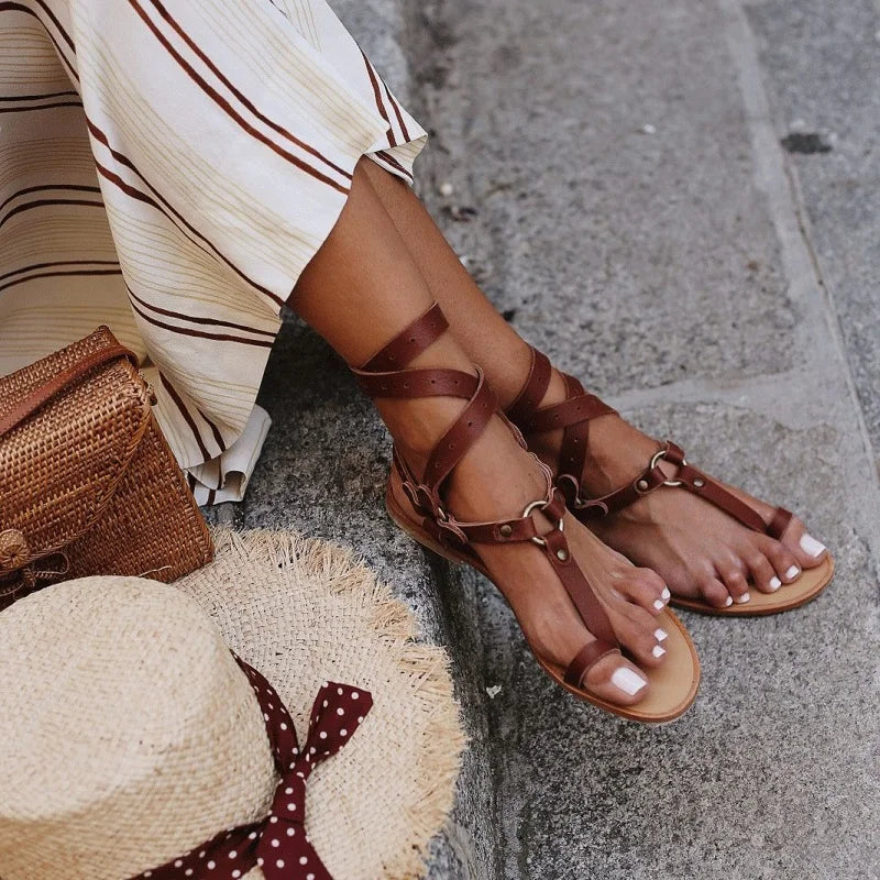 Women's Gladiator Sandals - Toe Post - Multi-Strap Ankle Wrap - Buckle - Flat