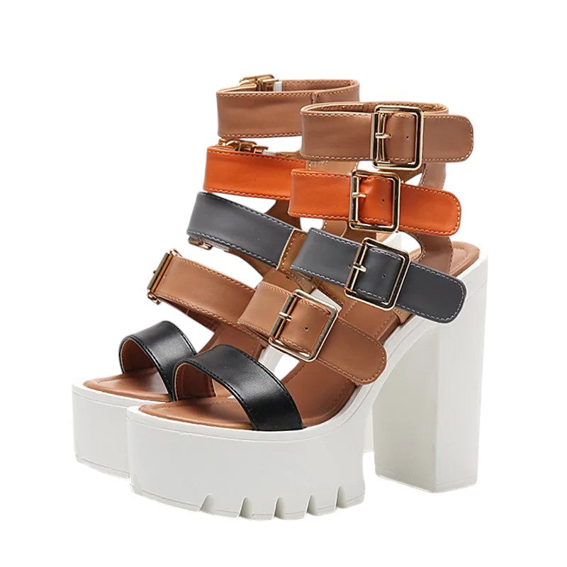 Women’s Chunky Platform Sandals with Multi Strap Buckle Design