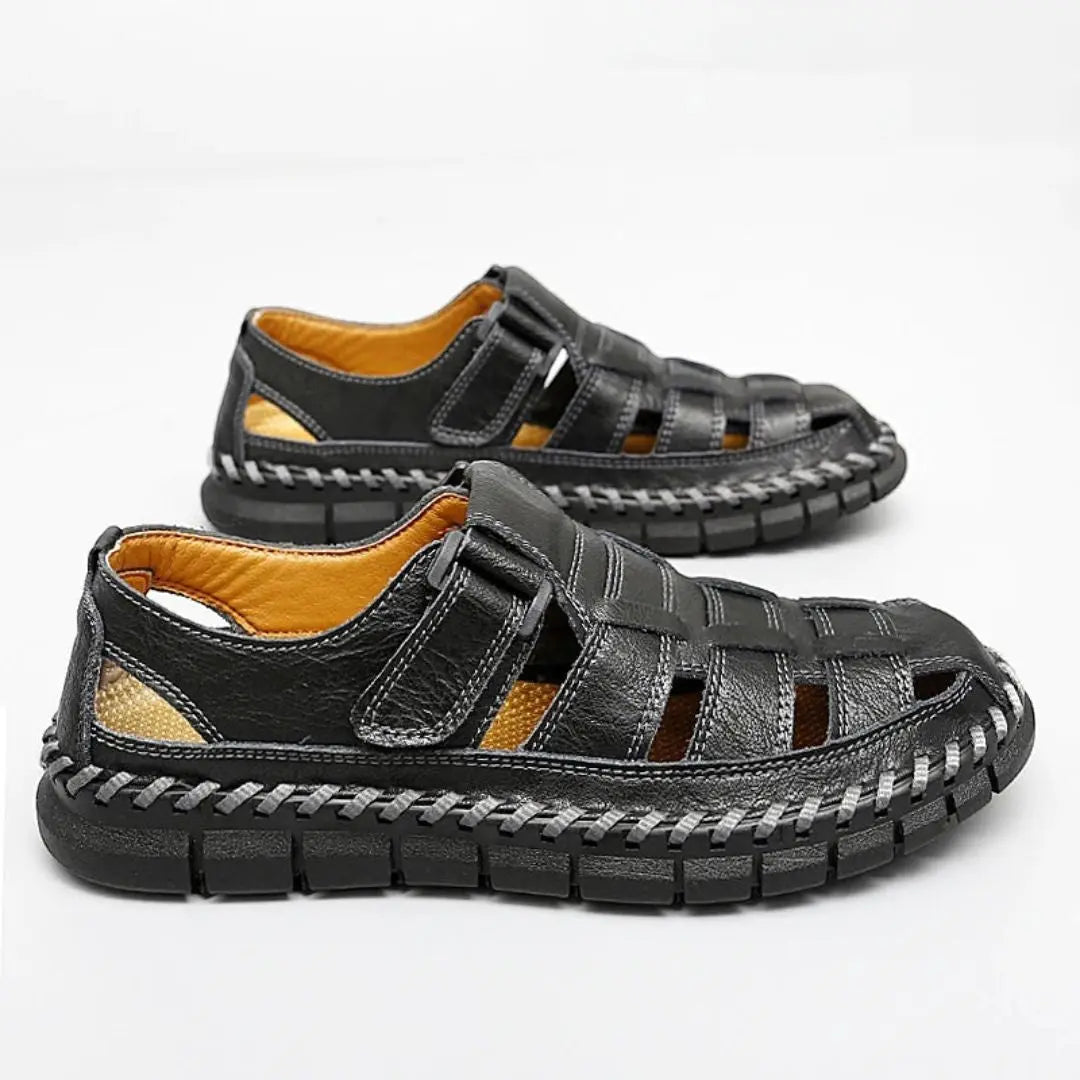 Men's Closed-Toe Hook-and-Loop Strap Leather Sandals