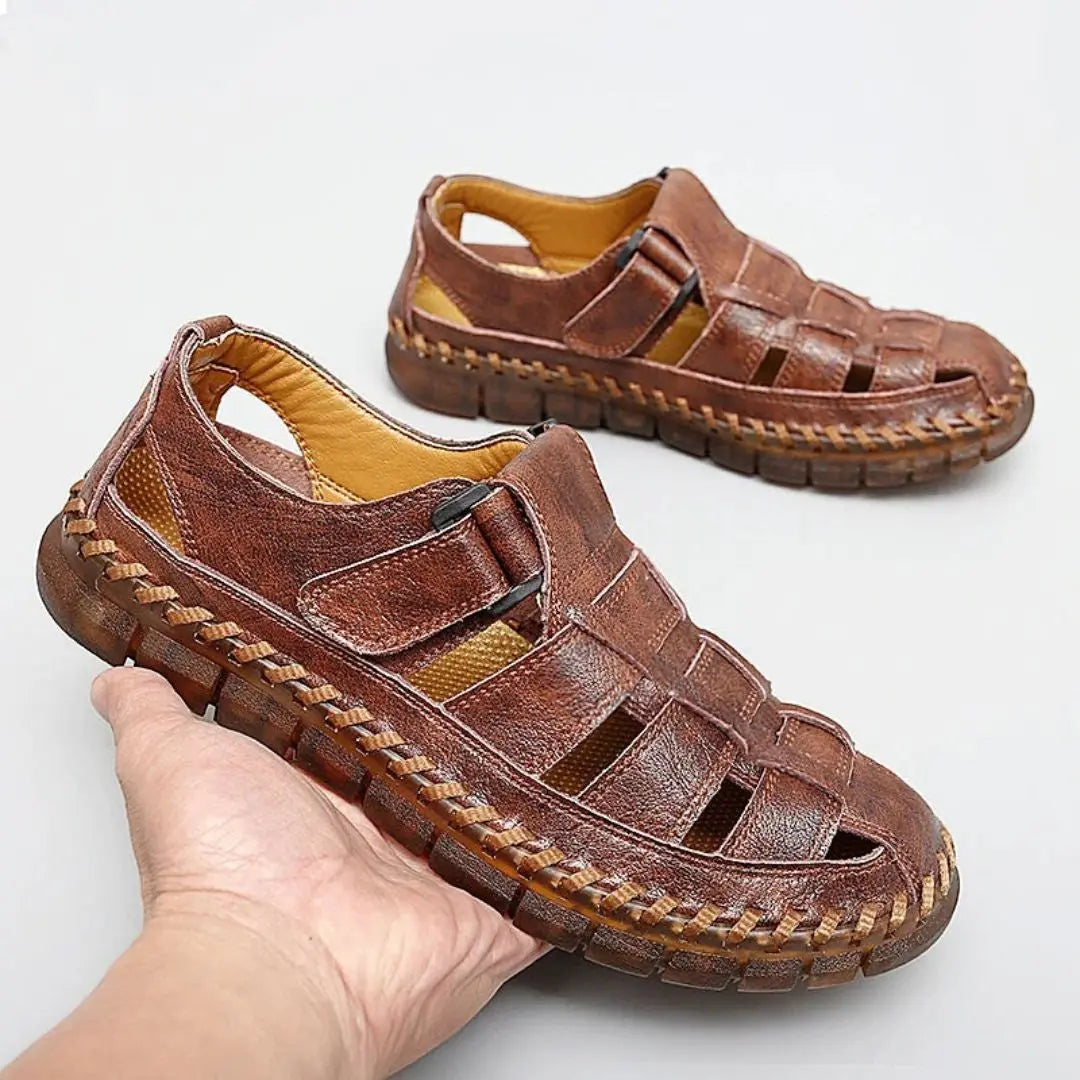 Men's Closed-Toe Hook-and-Loop Strap Leather Sandals