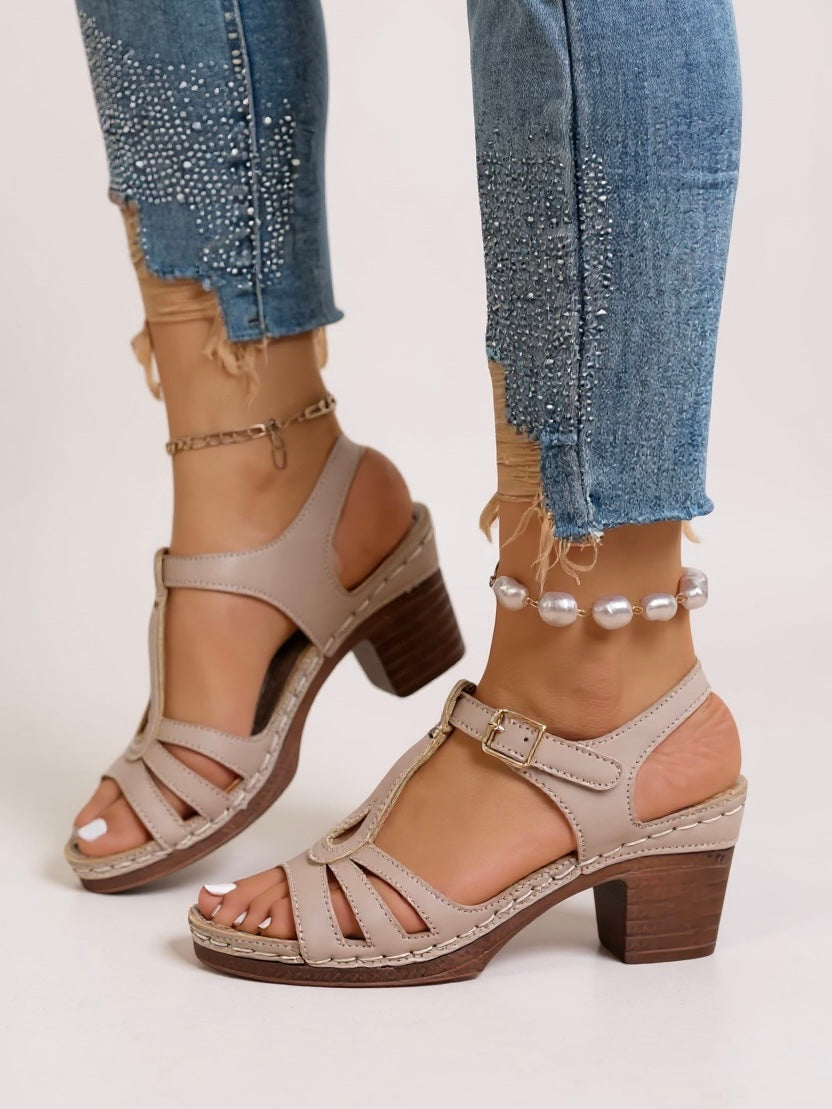 Women's T-Strap Block Heel Sandals - Open Toe Buckle Ankle Strap