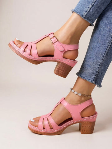 Women's T-Strap Block Heel Sandals - Open Toe Buckle Ankle Strap