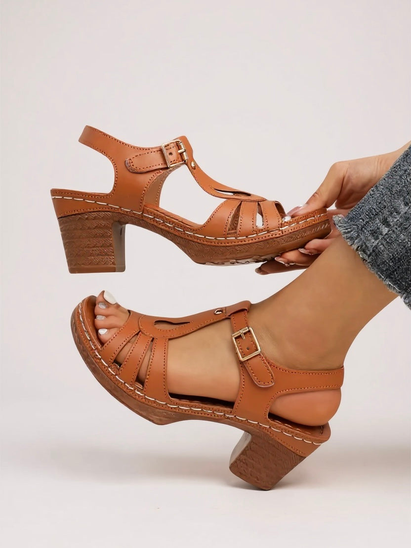 Women's T-Strap Block Heel Sandals - Open Toe Buckle Ankle Strap