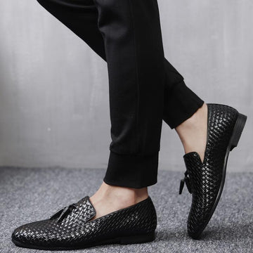 Men’s Almond Toe Woven Slip-On Loafers with Tassel Detail