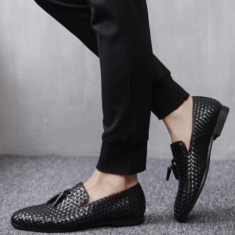 Men’s Almond Toe Woven Slip-On Loafers with Tassel Detail