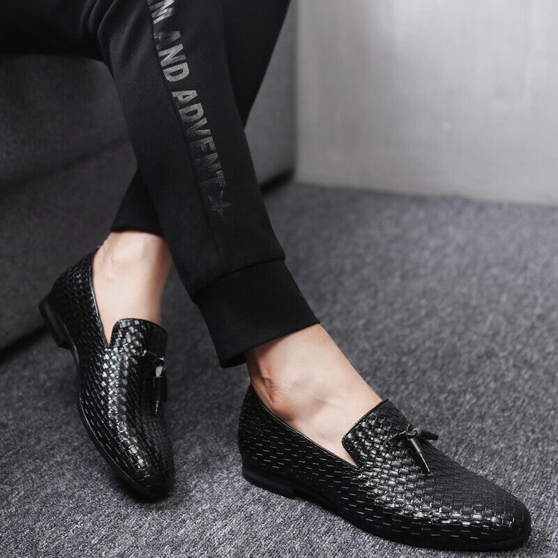 Men’s Almond Toe Woven Slip-On Loafers with Tassel Detail