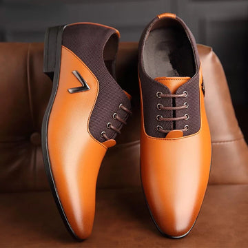 Men’s Pointed Toe Faux Leather Lace-Up Dress Shoes with Panel Contrast Design
