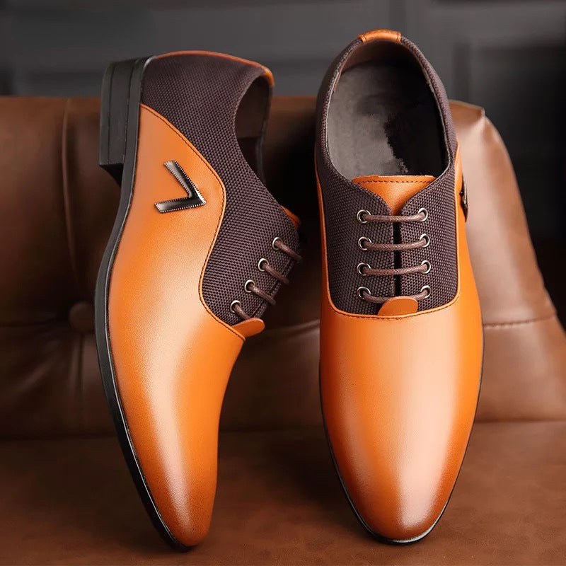 Men’s Pointed Toe Faux Leather Lace-Up Dress Shoes with Panel Contrast Design