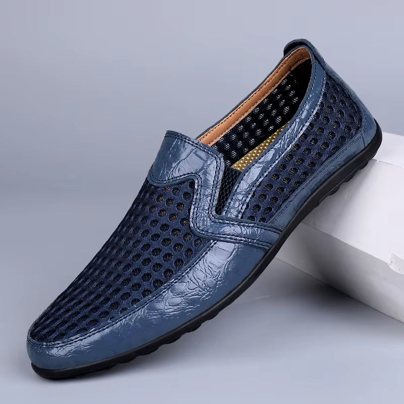 Men’s Round Toe Mesh Faux Leather Loafers with Breathable Perforated Upper