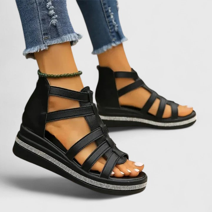 Women's Rhinestone Platform Wedge Gladiator Sandals - Zip Closure