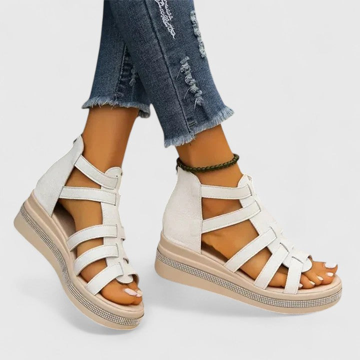 Women's Rhinestone Platform Wedge Gladiator Sandals - Zip Closure