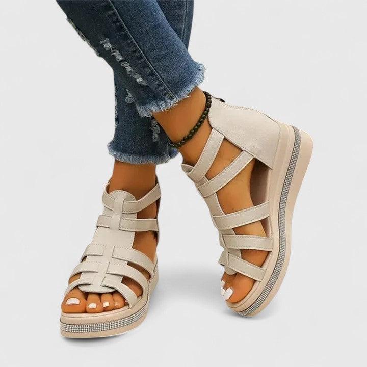 Women's Rhinestone Platform Wedge Gladiator Sandals - Zip Closure