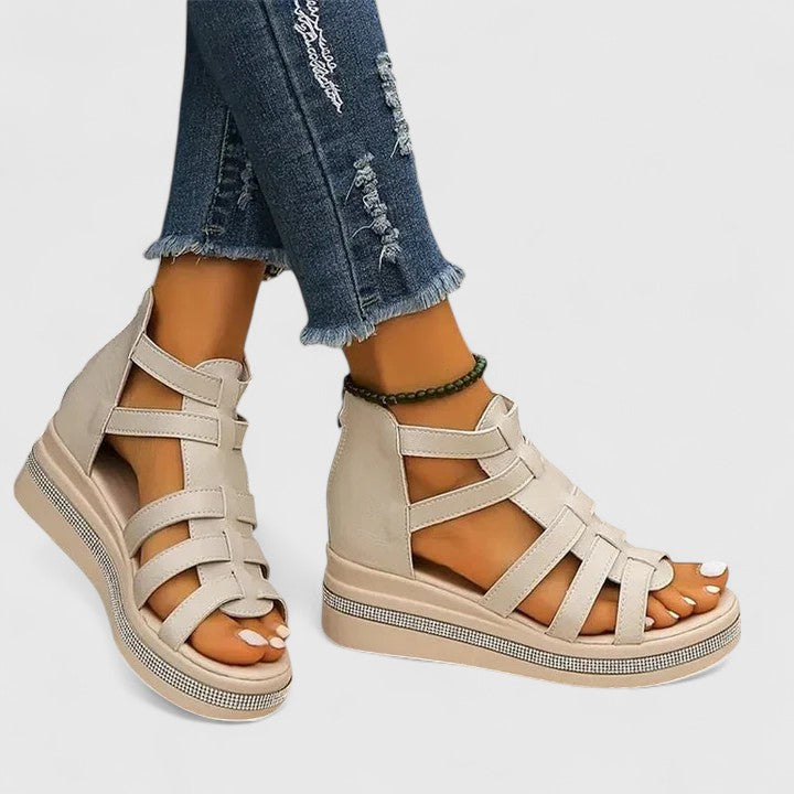 Women's Rhinestone Platform Wedge Gladiator Sandals - Zip Closure