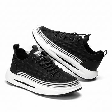 Men's Casual Sneakers - Lace-Up Embossed Upper Thick Cupsole Stripe Midsole