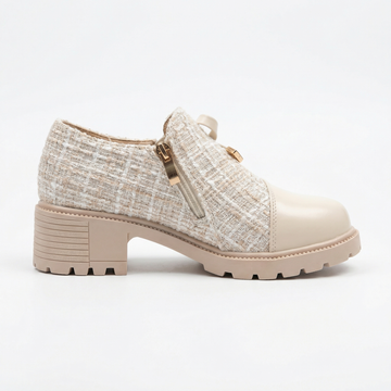 Women's Round Toe Slip-On Chunky Heels - Tweed Upper - Bow Detail - Lug Sole