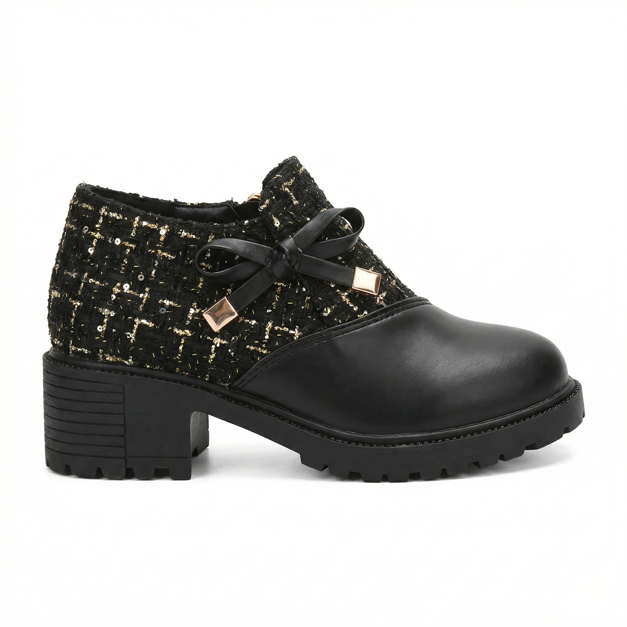 Women's Round Toe Slip-On Chunky Heels - Tweed Upper - Bow Detail - Lug Sole