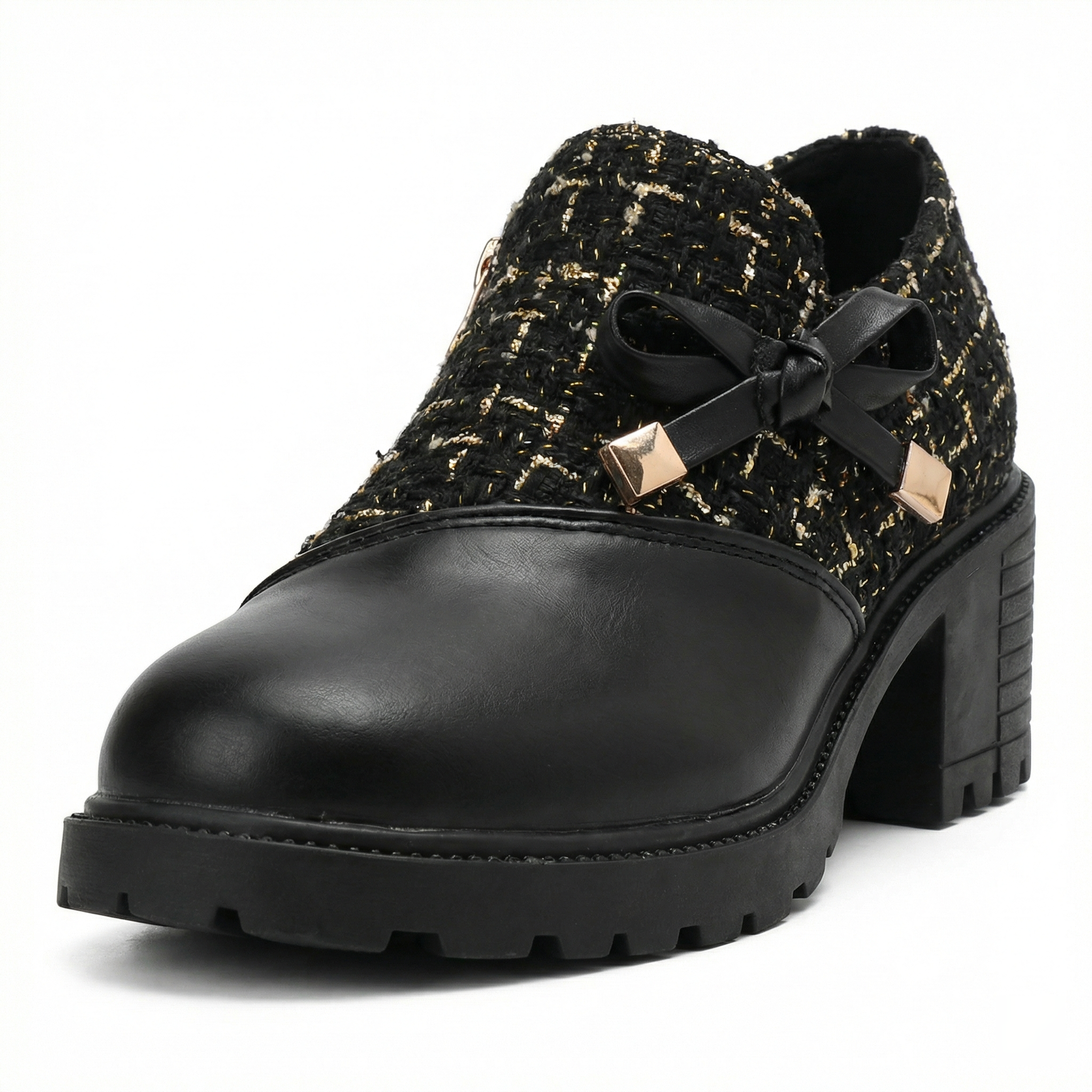 Women's Round Toe Slip-On Chunky Heels - Tweed Upper - Bow Detail - Lug Sole