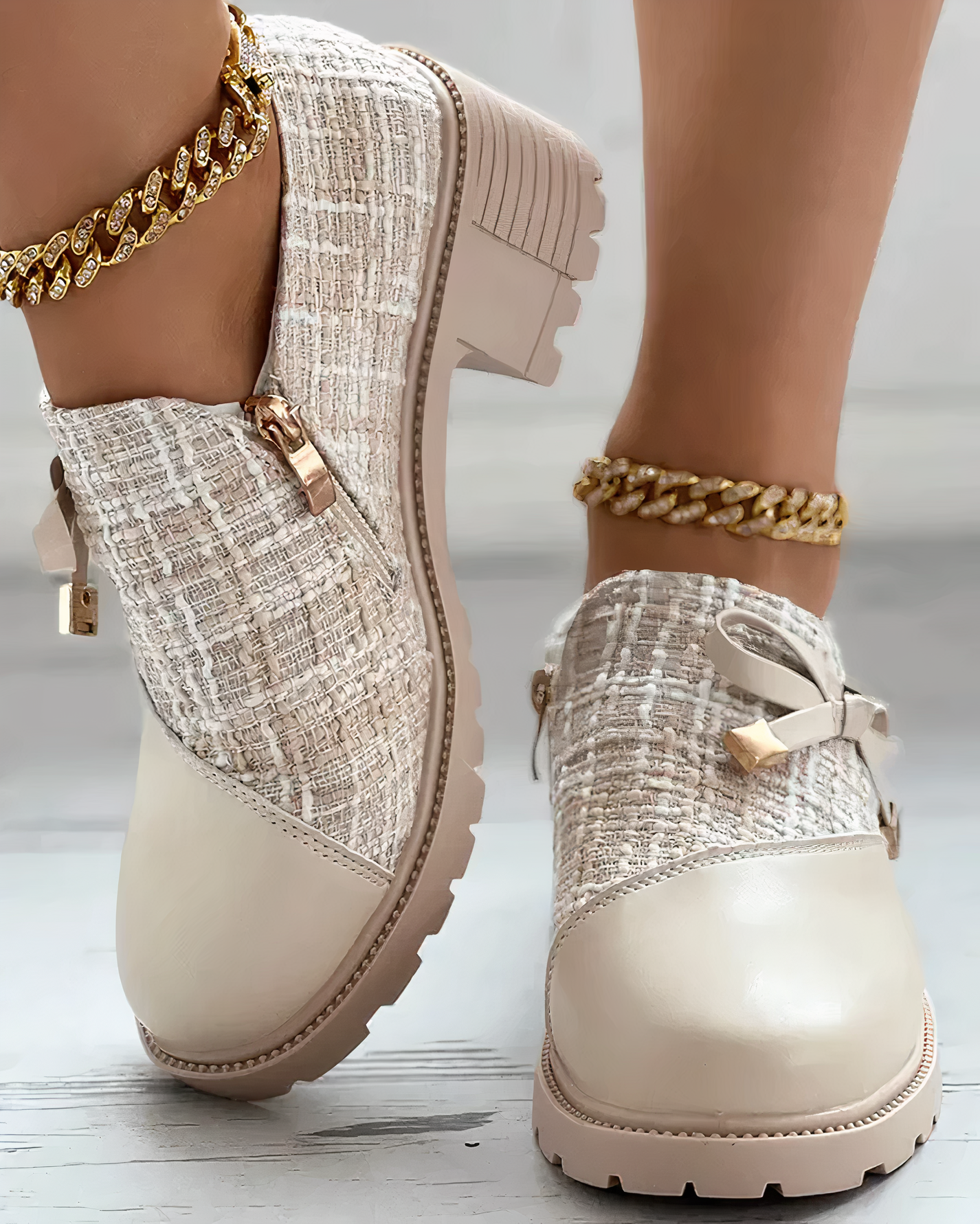 Women's Round Toe Slip-On Chunky Heels - Tweed Upper - Bow Detail - Lug Sole