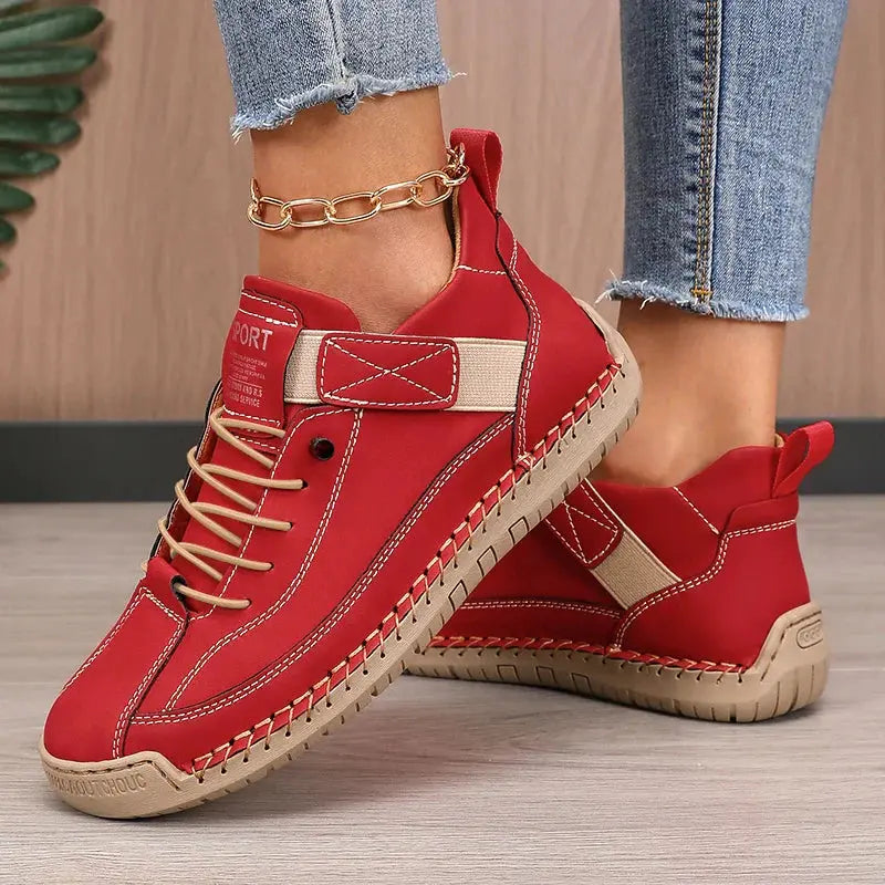 Women’s Lace-Up Ankle Shoes with Rounded Toe and Flat Sole - Sneakers