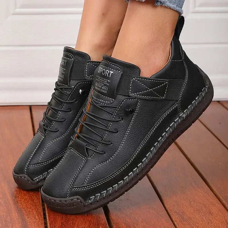 Women’s Lace-Up Ankle Shoes with Rounded Toe and Flat Sole - Sneakers