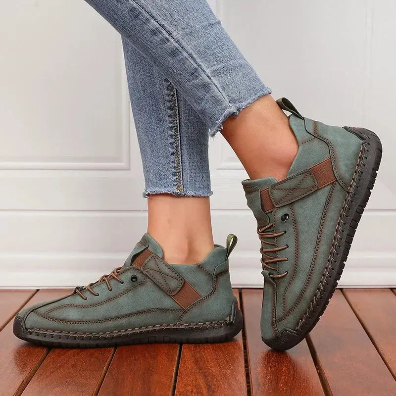 Women’s Lace-Up Ankle Shoes with Rounded Toe and Flat Sole - Sneakers