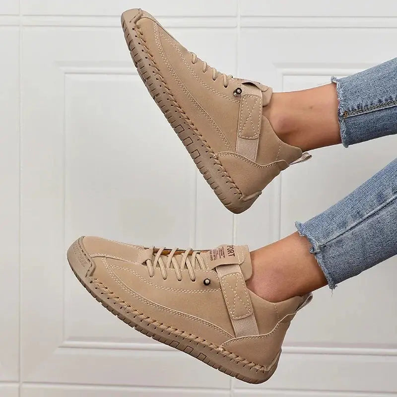 Women’s Lace-Up Ankle Shoes with Rounded Toe and Flat Sole - Sneakers