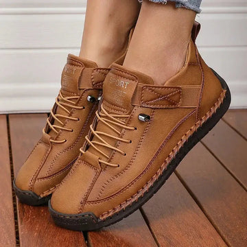 Women’s Lace-Up Ankle Shoes with Rounded Toe and Flat Sole - Sneakers